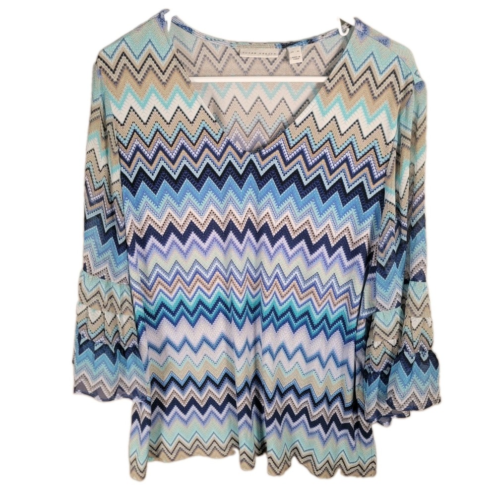 Susan Graver Womens XL Boho Coastal Chevron Top Bell Sleeve Resort Cruise Retro